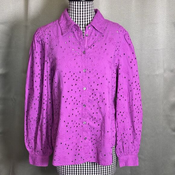 Sundance Womens Celestine Eyelet Shirt Balloon Sleeve Button Down Purple Size M - Picture 1 of 8